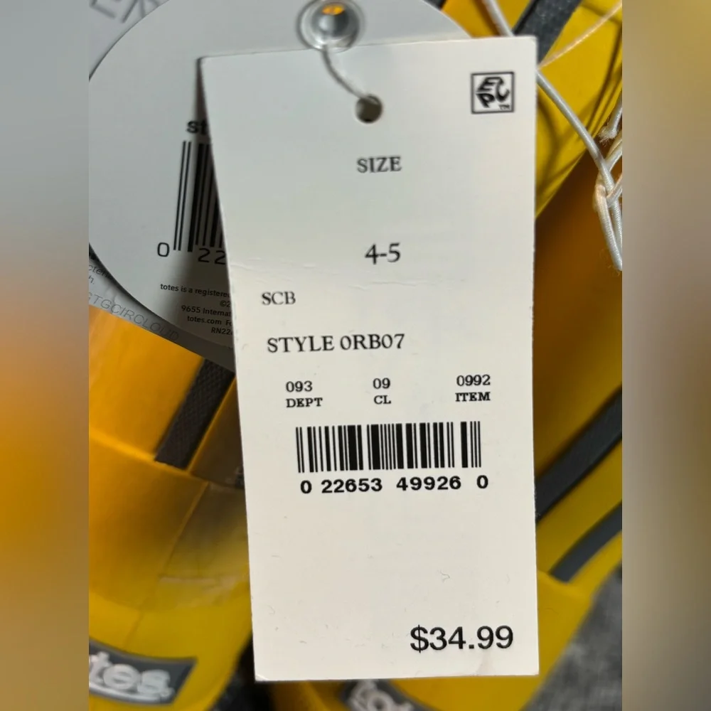 NWT Totes Cirrus Youth Yellow Rain Boots Size‎ 4/5 (Big Kids)